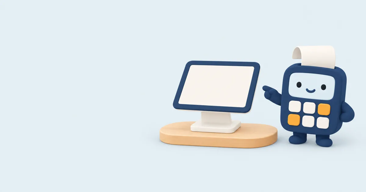 タブレット型のレジの横で指さして案内するピタのイラスト