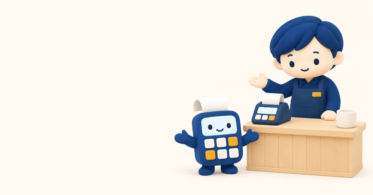 カウンターの決済端末とレシートを紹介するピタのイラスト