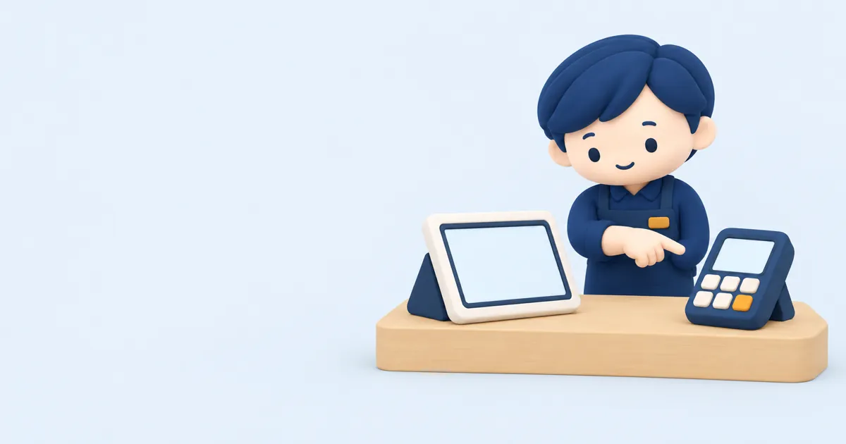 レジのタブレットと決済端末を指でつなぐてんちょさんのイラスト