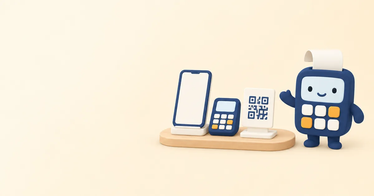 スマホとカード決済端末とQRコードのパネルが並ぶ台の横で案内するピタのイラスト