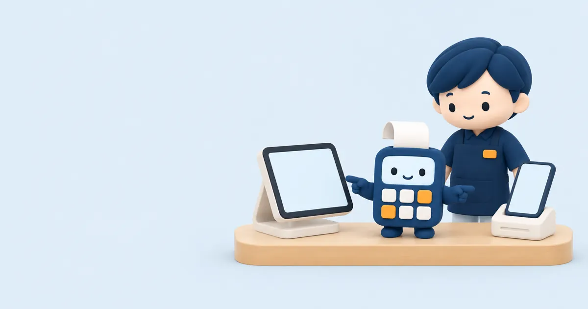 タブレットレジとスマホ接続のレジの間に立って片方ずつ指さすピタのイラスト