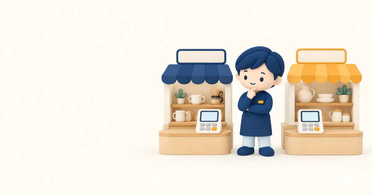 2つの小さな店の模型の間から見比べるてんちょさんのイラスト