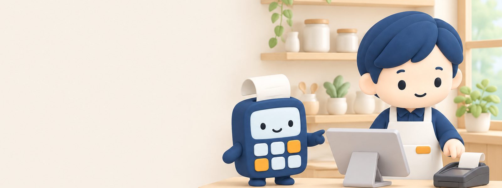 レジの前で、電卓のキャラクター「ピタ」が店主のてんちょさんに総額の比べ方を案内しているイラスト